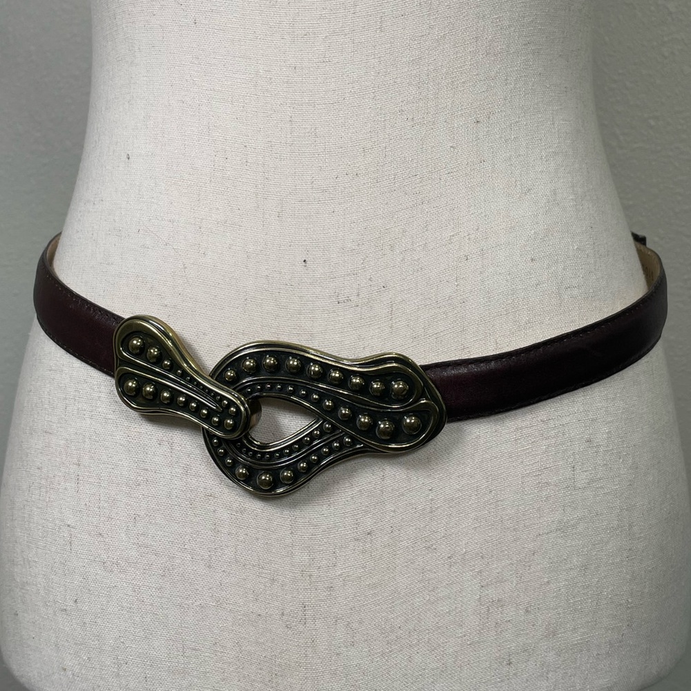 Vintage Womens Landes adjustable Leather Brown Brushed Gold Clasp Buckle Belt OS